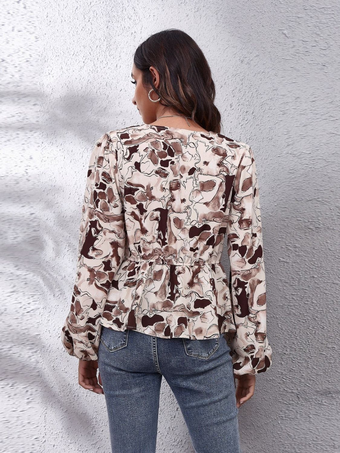 Ruched Printed V-Neck Long Sleeve Blouse.