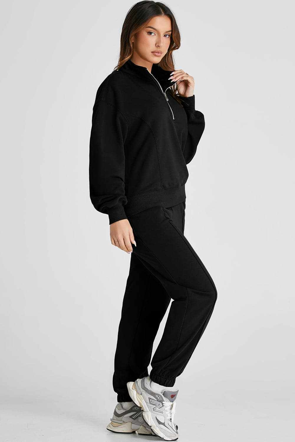 Half zip loungewear set with joggers, polyester cotton blend, basic style.