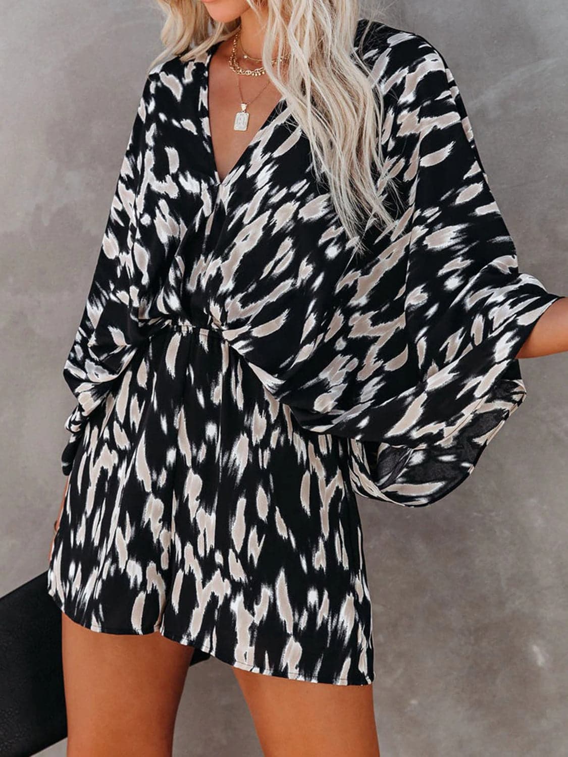 Tied Printed Kimono Sleeve Romper.