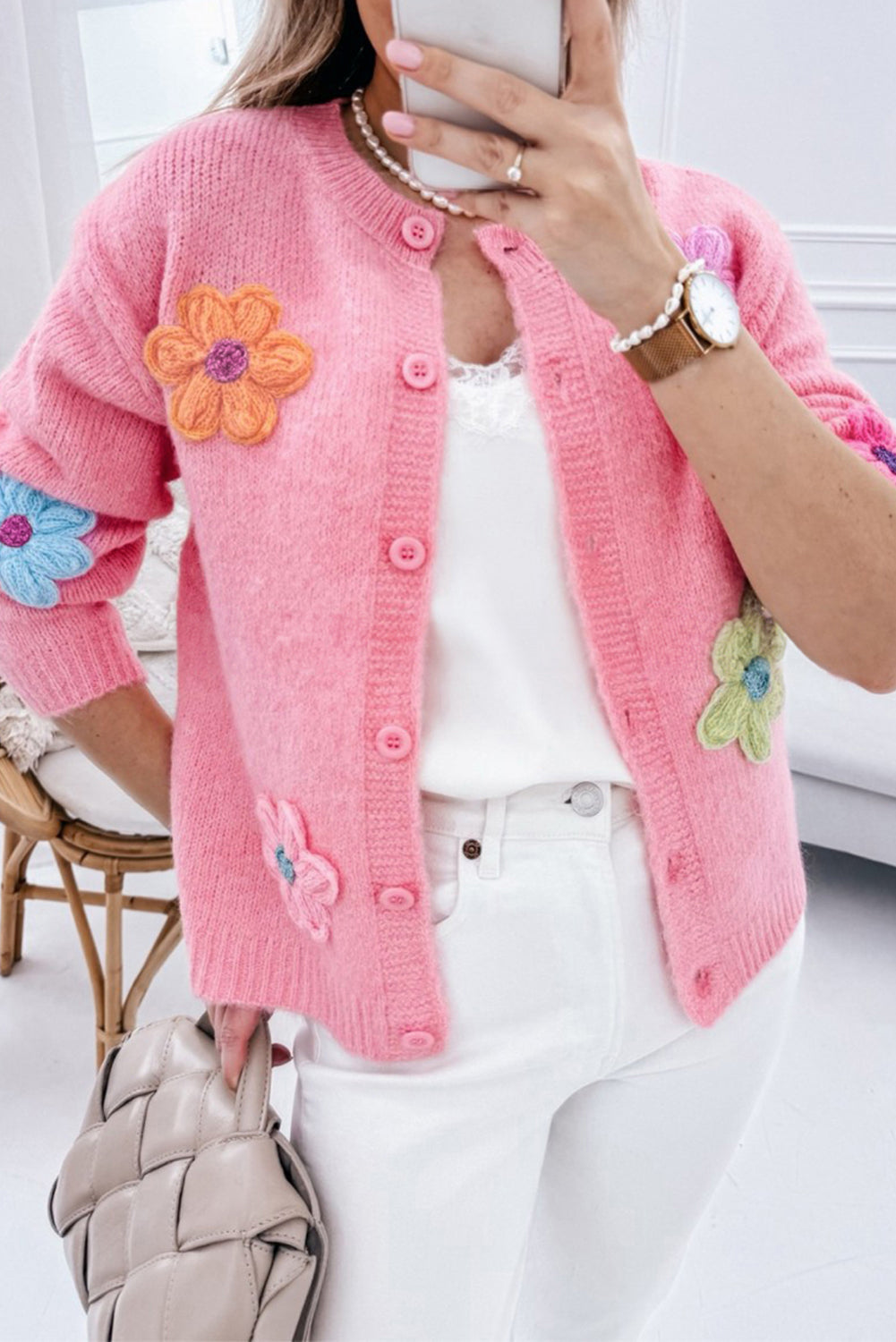 Charming pink floral knitted cardigan with button detail