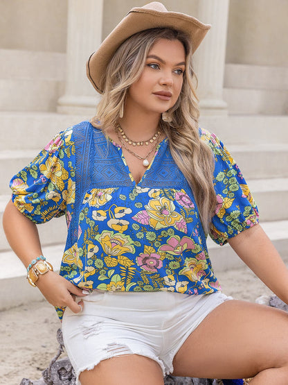 Plus Size Printed Notched Short Sleeve Blouse.