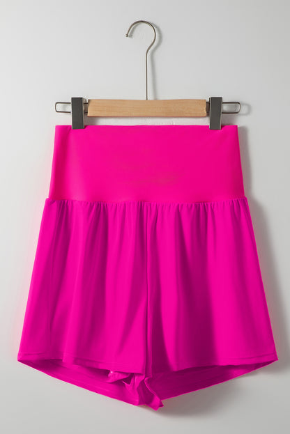 Rose Red High-Waisted Swim Shorts with Pockets