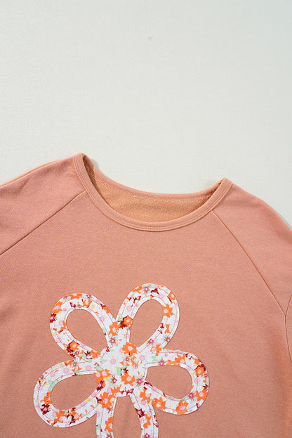 Grapefruit Orange Flower Patch Graphic Exposed Seam Wide Sleeve Top