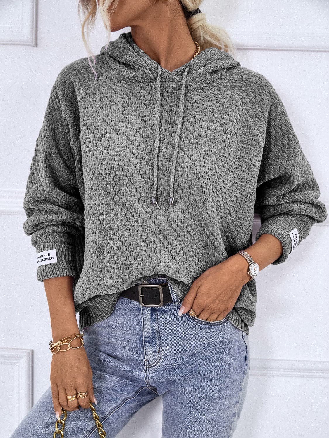 Texture Drawstring Long Sleeve Hooded Sweater.