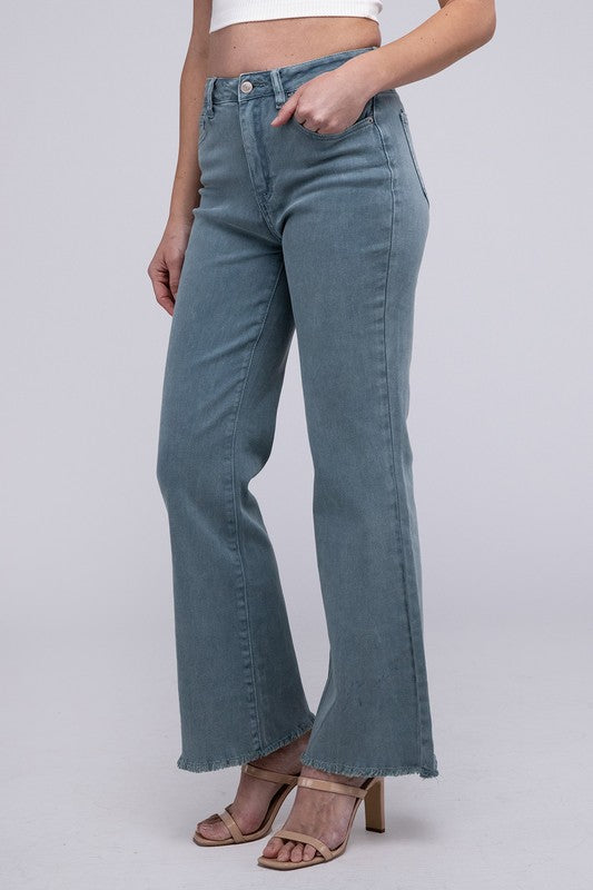 Trendy acid wash frayed hem wide-leg pants