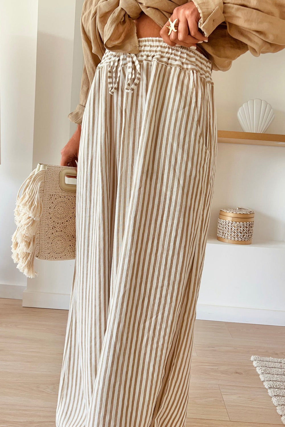 Chic khaki striped plus-size wide-leg pants with drawstring waist