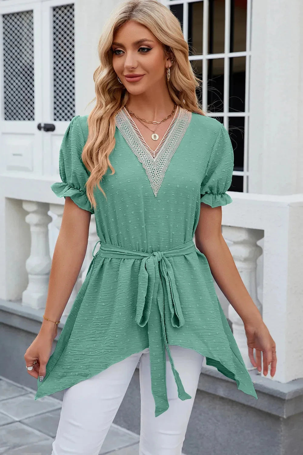 Swiss Dot Tie Waist Flounce Sleeve Blouse Coco’s Tee Boutique