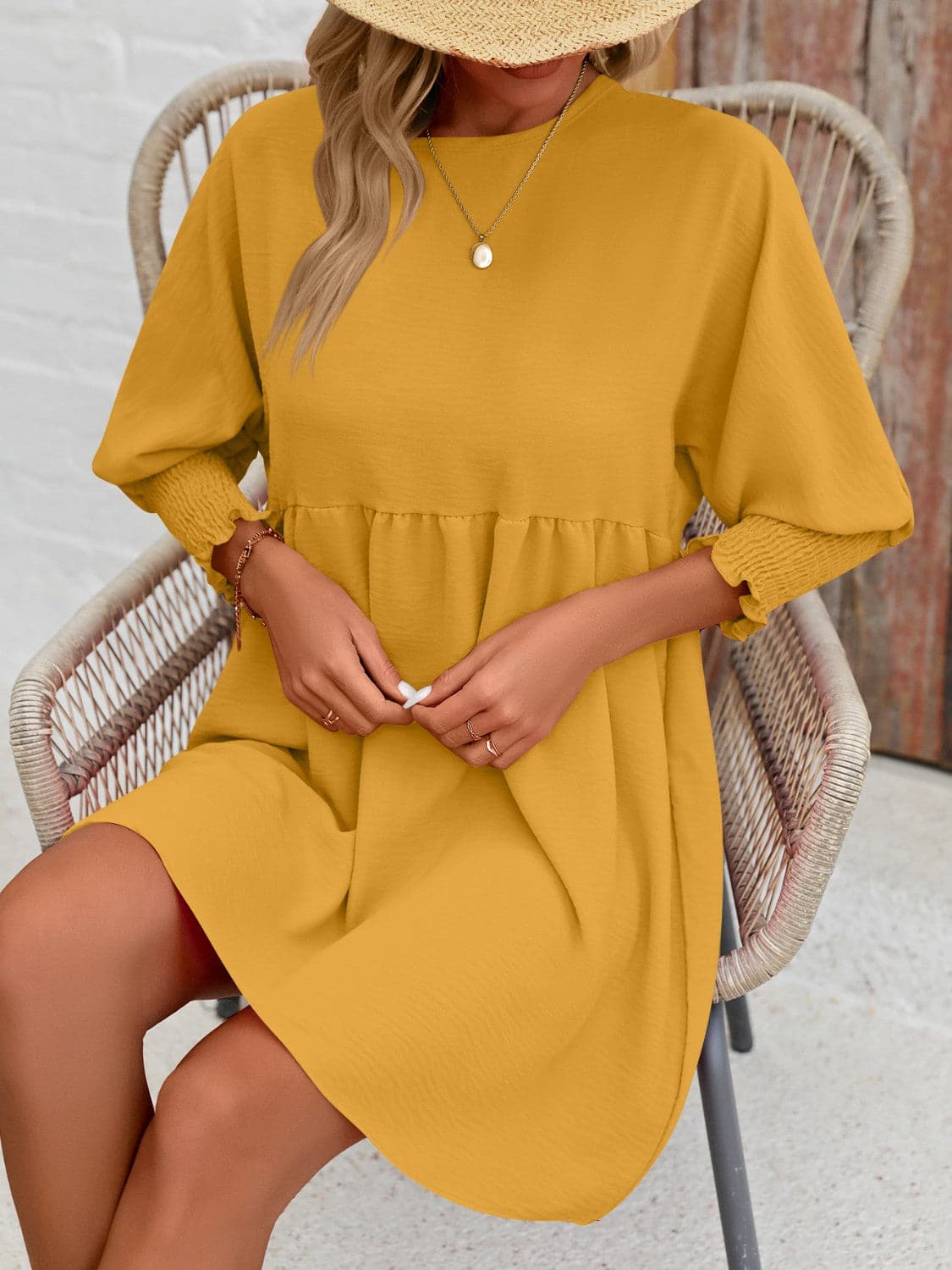 Round Neck Lantern Sleeve Mini DressFeatures: Basic style
Sheer: Opaque
Stretch: Slightly stretchy
Body: Not lined
Material composition: 100% polyester
Care instructions: Machine wash cold. Tumble dry Love Salve Round Neck Lantern Sleeve Mini Dress