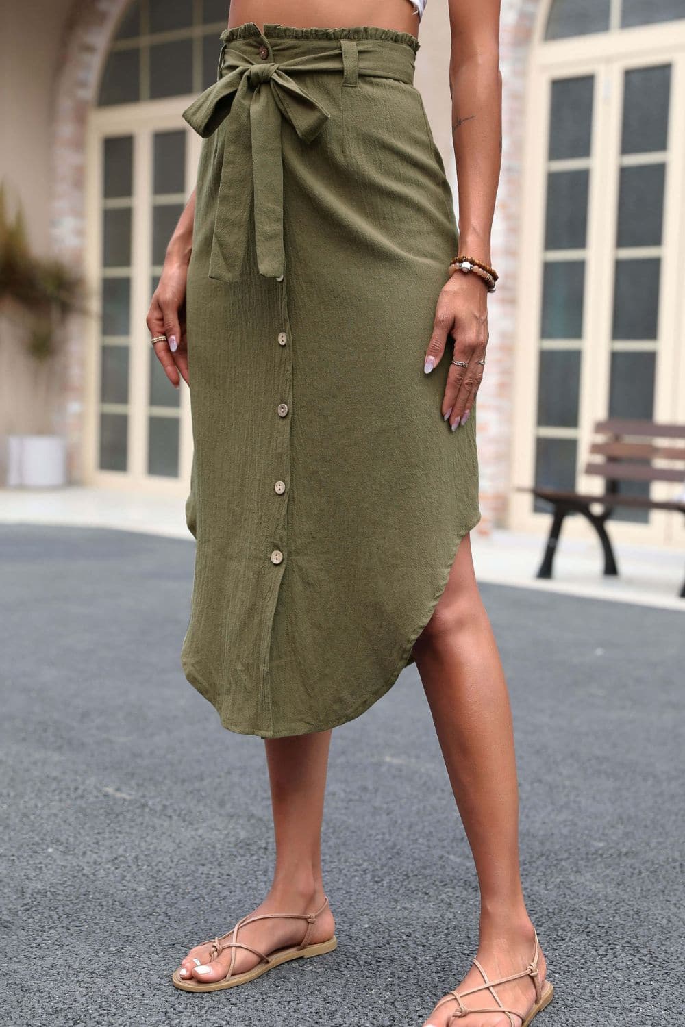 Tie Belt Frill Trim Buttoned Skirt.