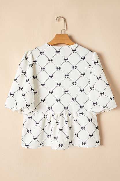 Charming White Bowknot Print Bubble Sleeve Blouse with Front Knots