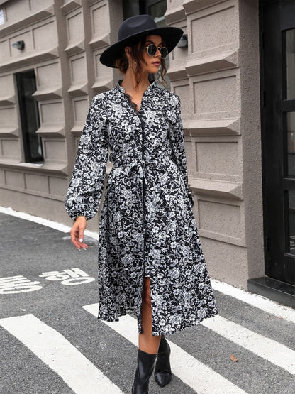 Lace Detail Printed Long Sleeve Midi Dress.