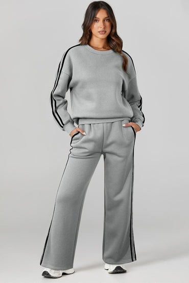 Round Neck Long Sleeve Top and Pants Active Set.