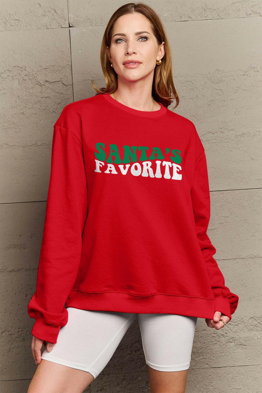 Simply Love Full Size SANTA'S FAVORITE Round Neck Sweatshirt.