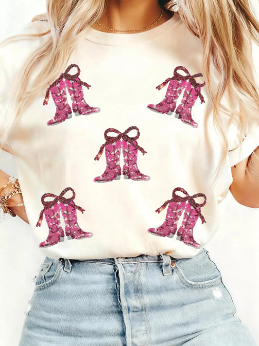 Sequined Cowgirl Boots Print Tee Pink Boots Graphic Tee Simply Love