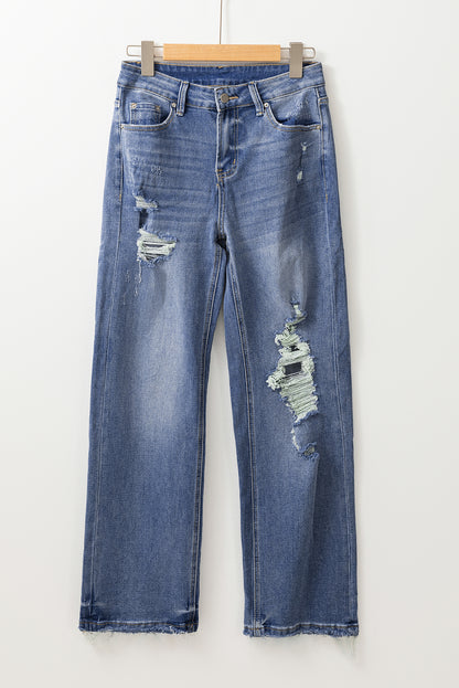 Chic Ashleigh blue high-waist straight leg jeans with raw hem detail