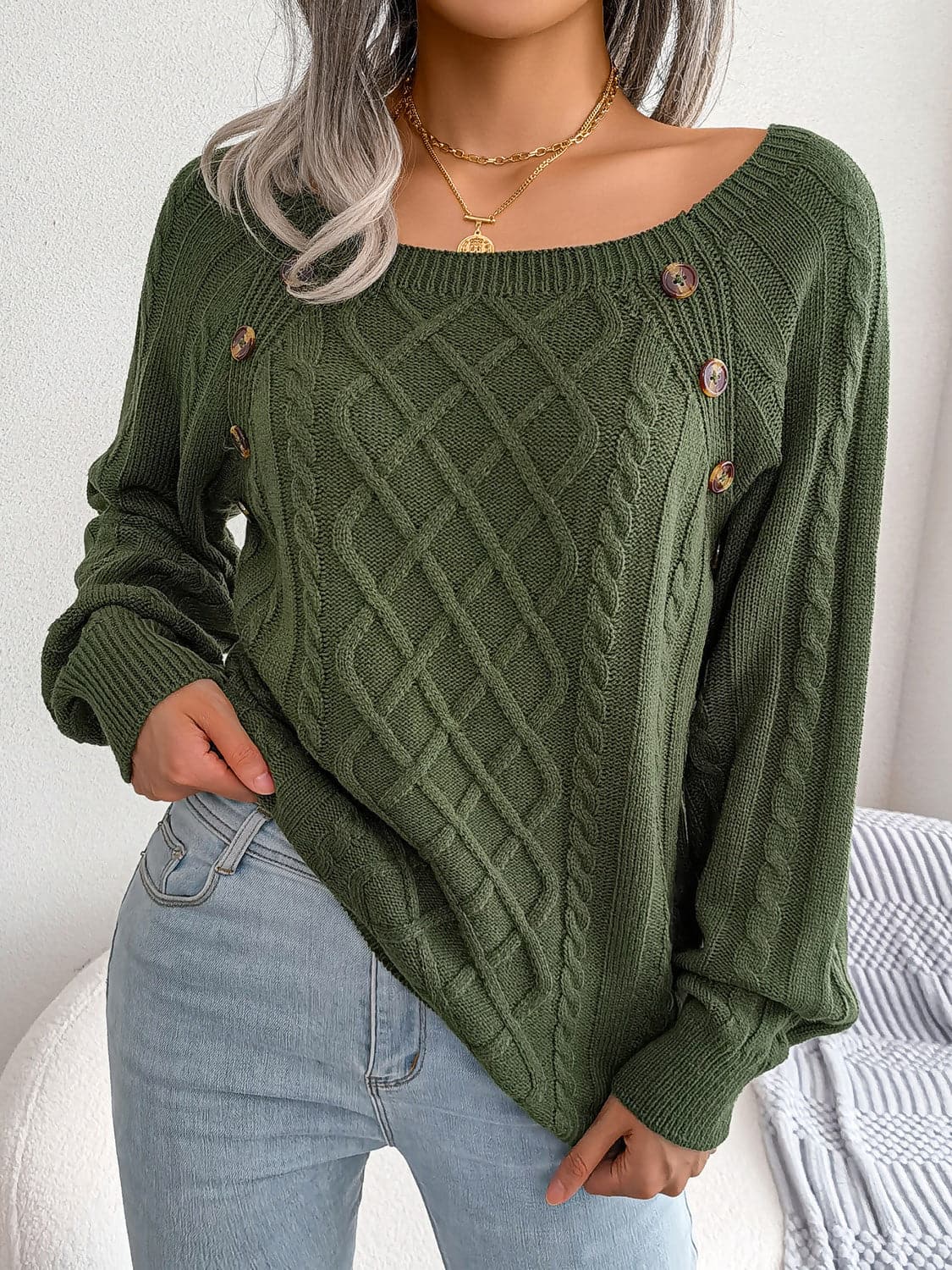 Decorative Button Cable-Knit Sweater.