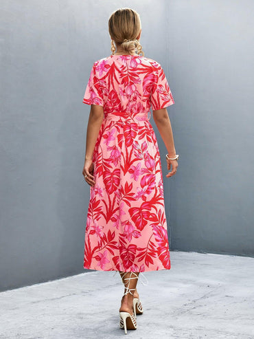 Floral Print High Slit Surplice Neck Tie Waist Midi Dress.