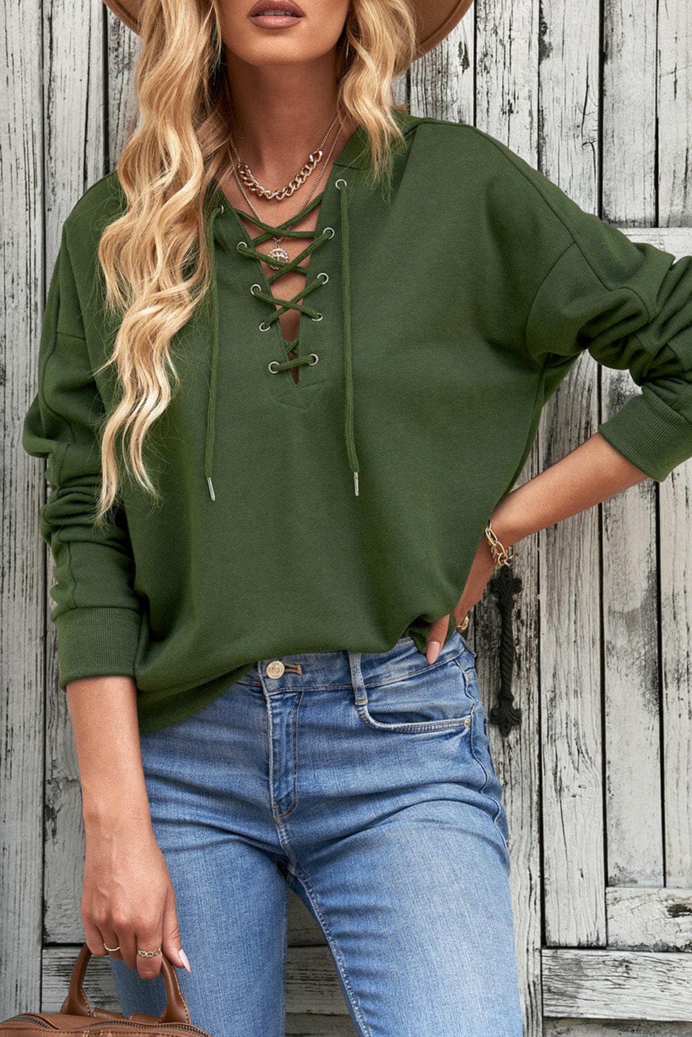 Lace-Up Dropped Shoulder Hoodie.