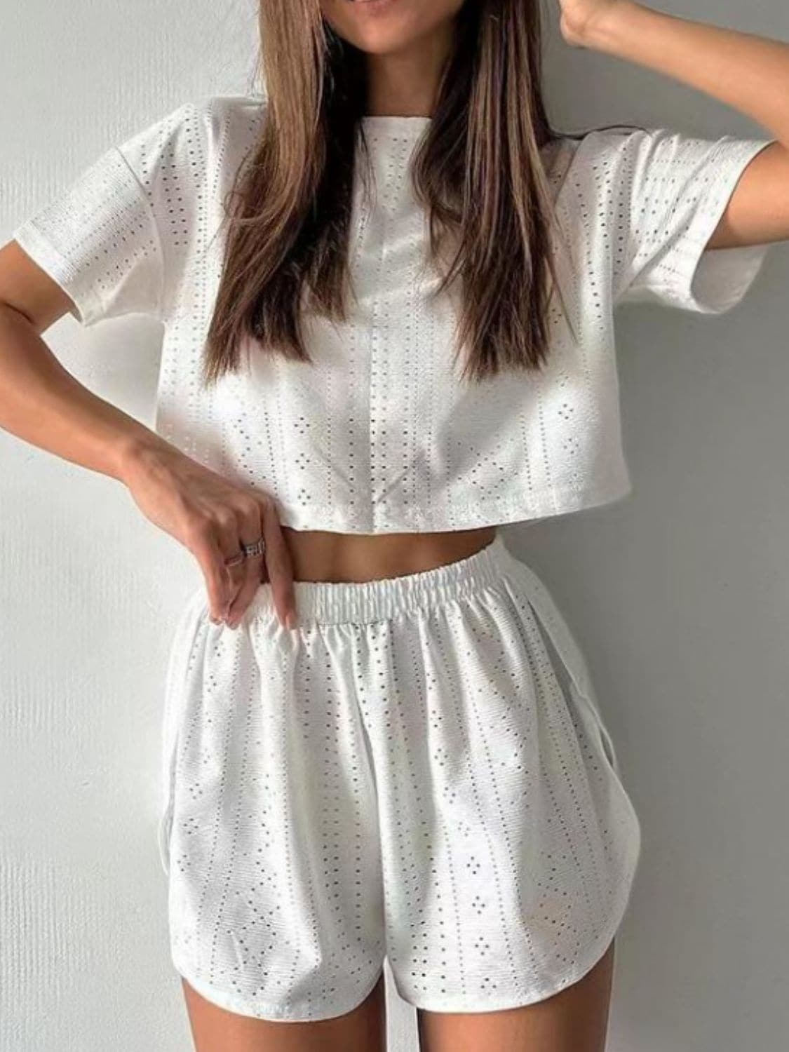 Eyelet Round Neck Top and Shorts Set.