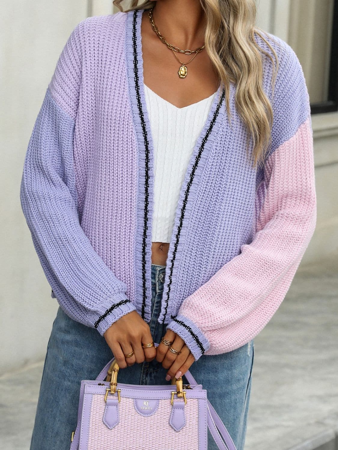 Contrast Open Front Long Sleeve Cardigan.