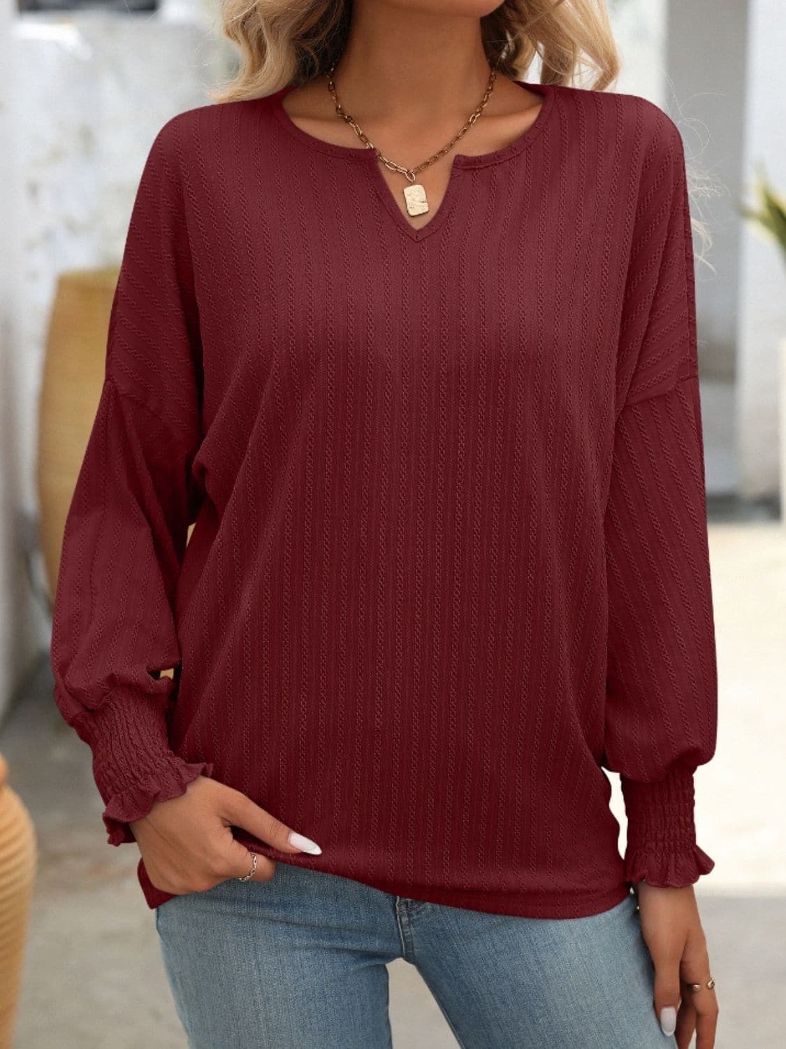 Textured Notched Lantern Sleeve T-Shirt.