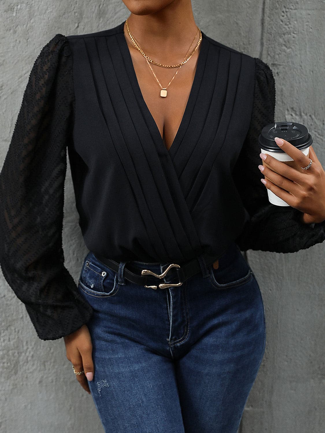 Ruched Surplice Long Sleeve Bodysuit.