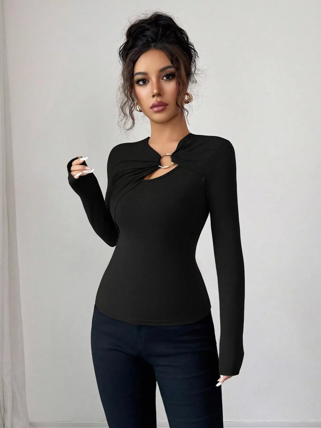 Twist Front Ring Detail Long Sleeve T-Shirt Simply Love