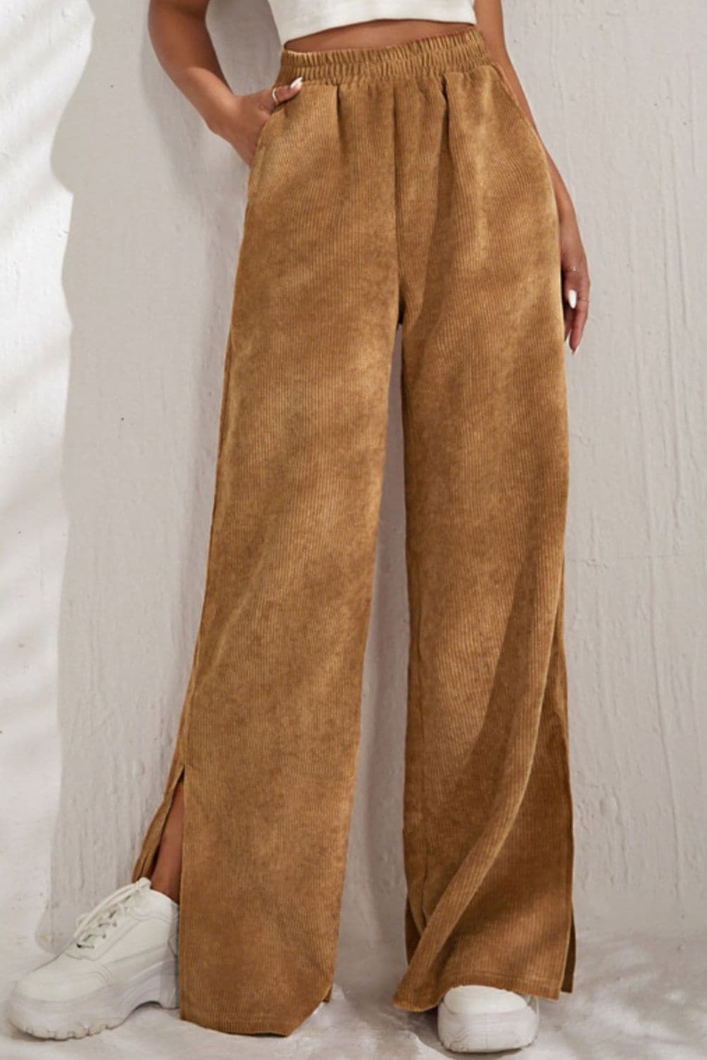 Slit Pocketed High Waist Wide Leg Pants.