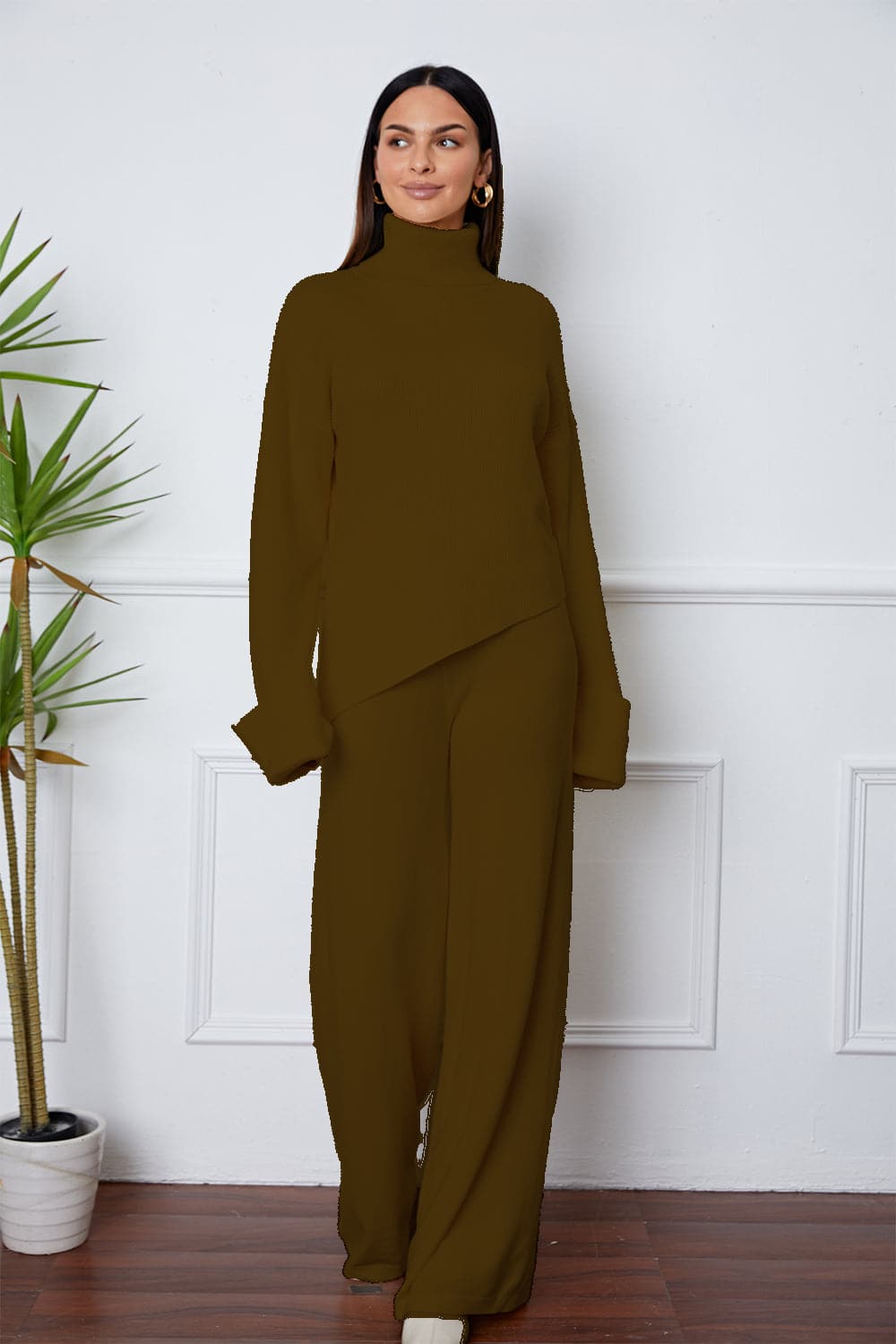 Turtleneck Dropped Shoulder Top and Pants Sweater Set.