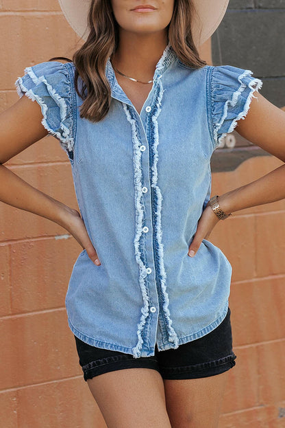 Cap sleeve denim top with button-up front and raw hem.