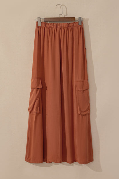 Chestnut Mineral Wash Cargo Pocket Drawstring Waist Maxi Skirt