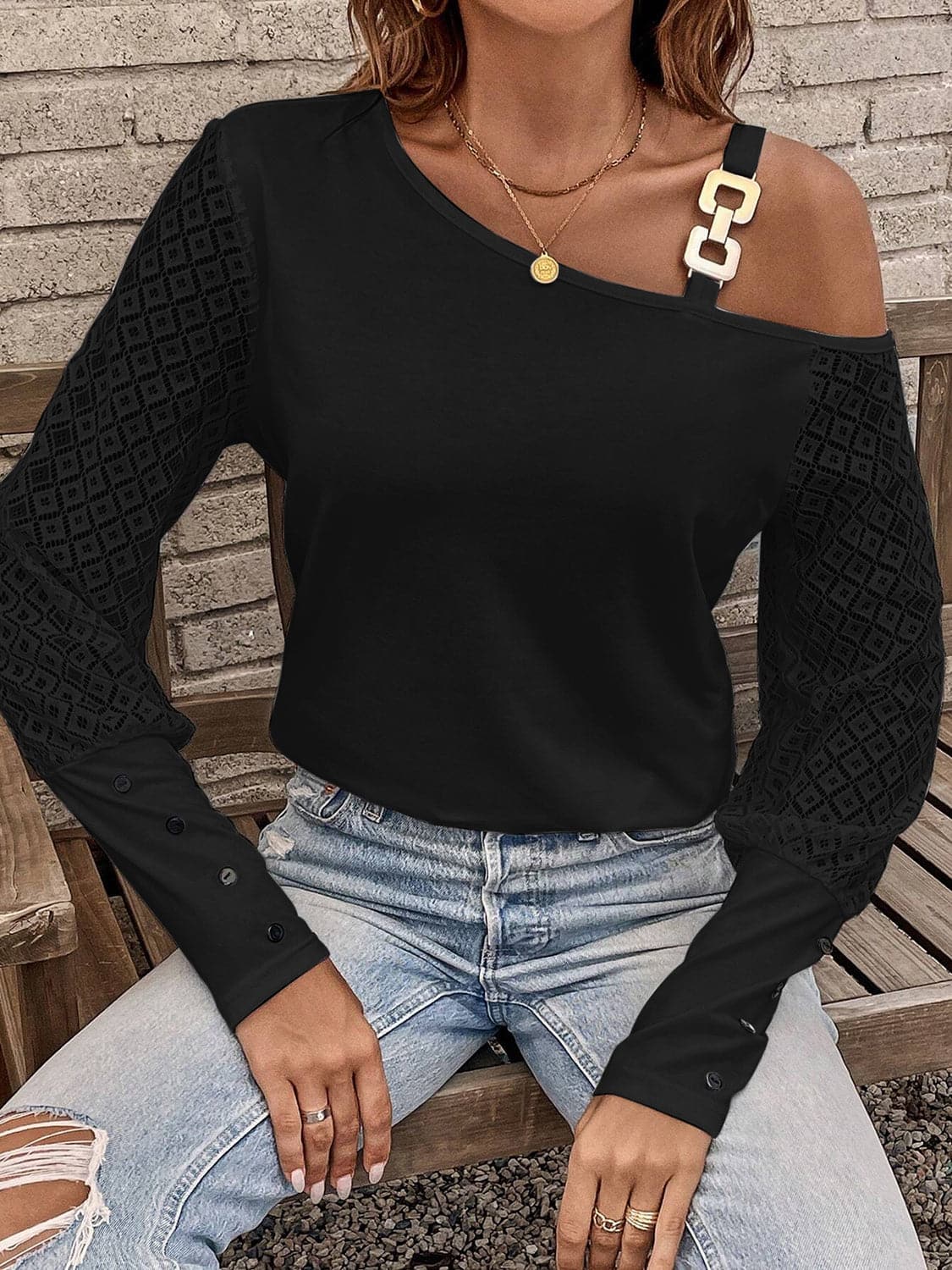 Asymmetrical Neck Lace Long Sleeve T-Shirt.