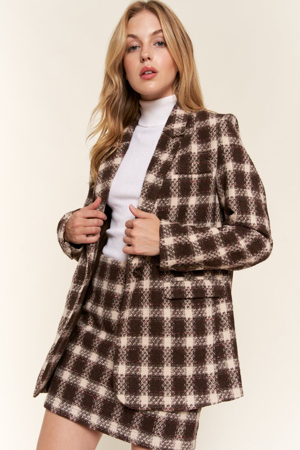 And The Why Full Size Plaid Brushed One Button Blazer.