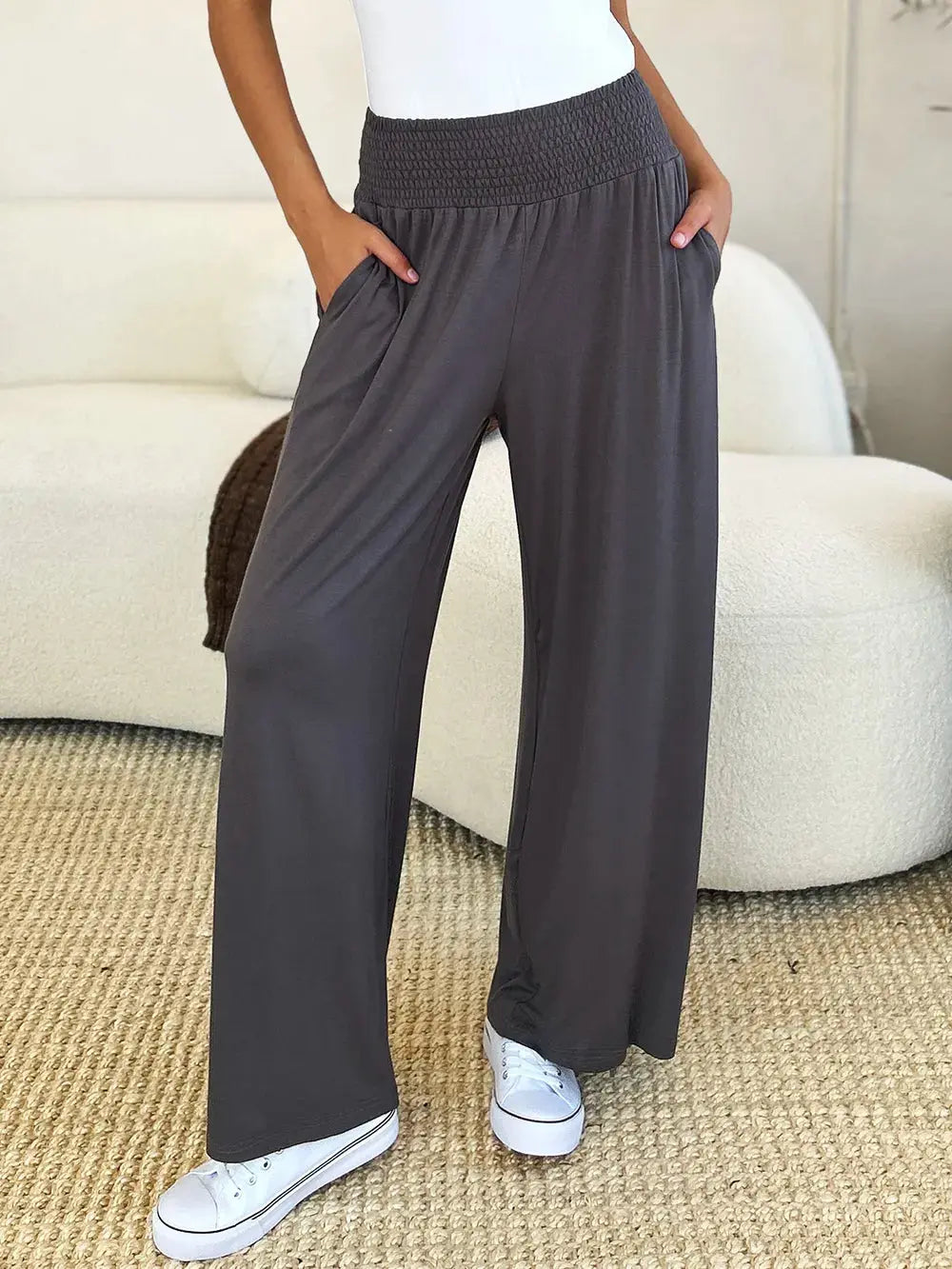 Basic Bae Full Size Smocked Wide Waistband Wide Leg Pants - Love Salve