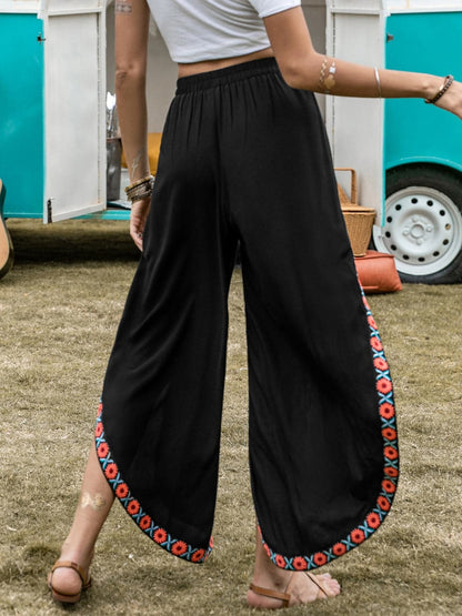 Slit Elastic Waist Wide Leg Pants.