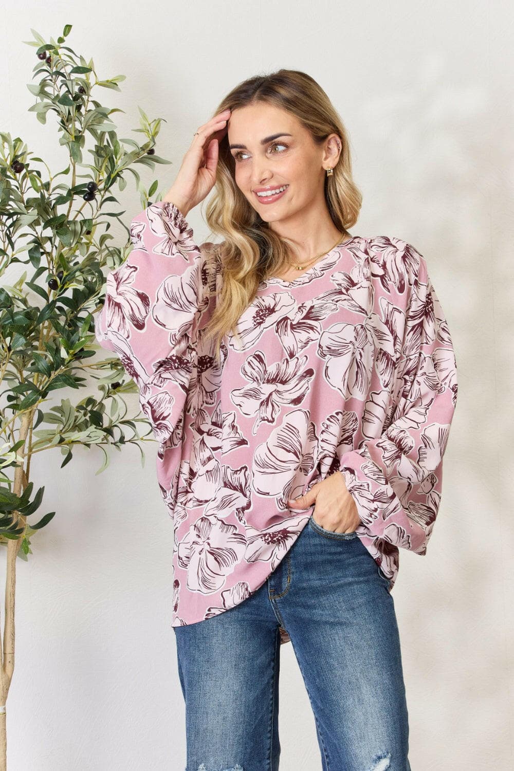 Heimish Full Size Floral V-Neck Balloon Sleeve Blouse.