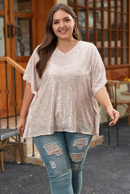 Sparkling apricot plus size V neck boxy top with sequined elegance