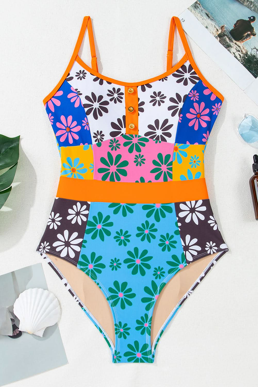 Bohemian Orange Floral Colorblock Spaghetti Strap Bodycon Teddy Swimsuit