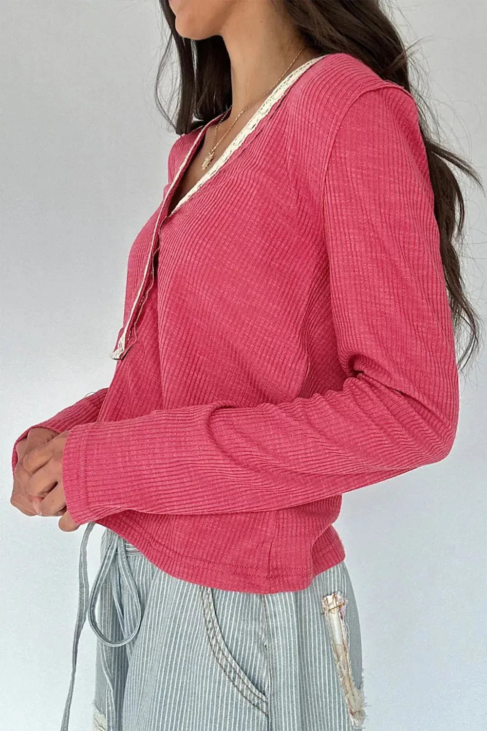 Pink Lace Trim Ribbed Knit Henley Blouse For Women Simply Love