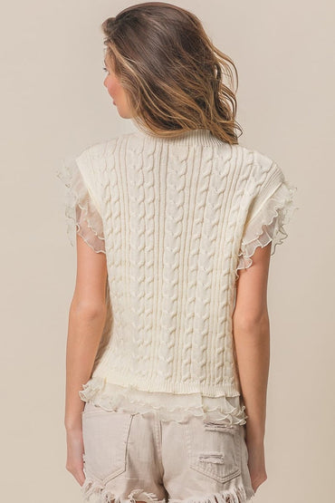 BiBi Layered Pleat Chiffon Edge Cable Knit Top.