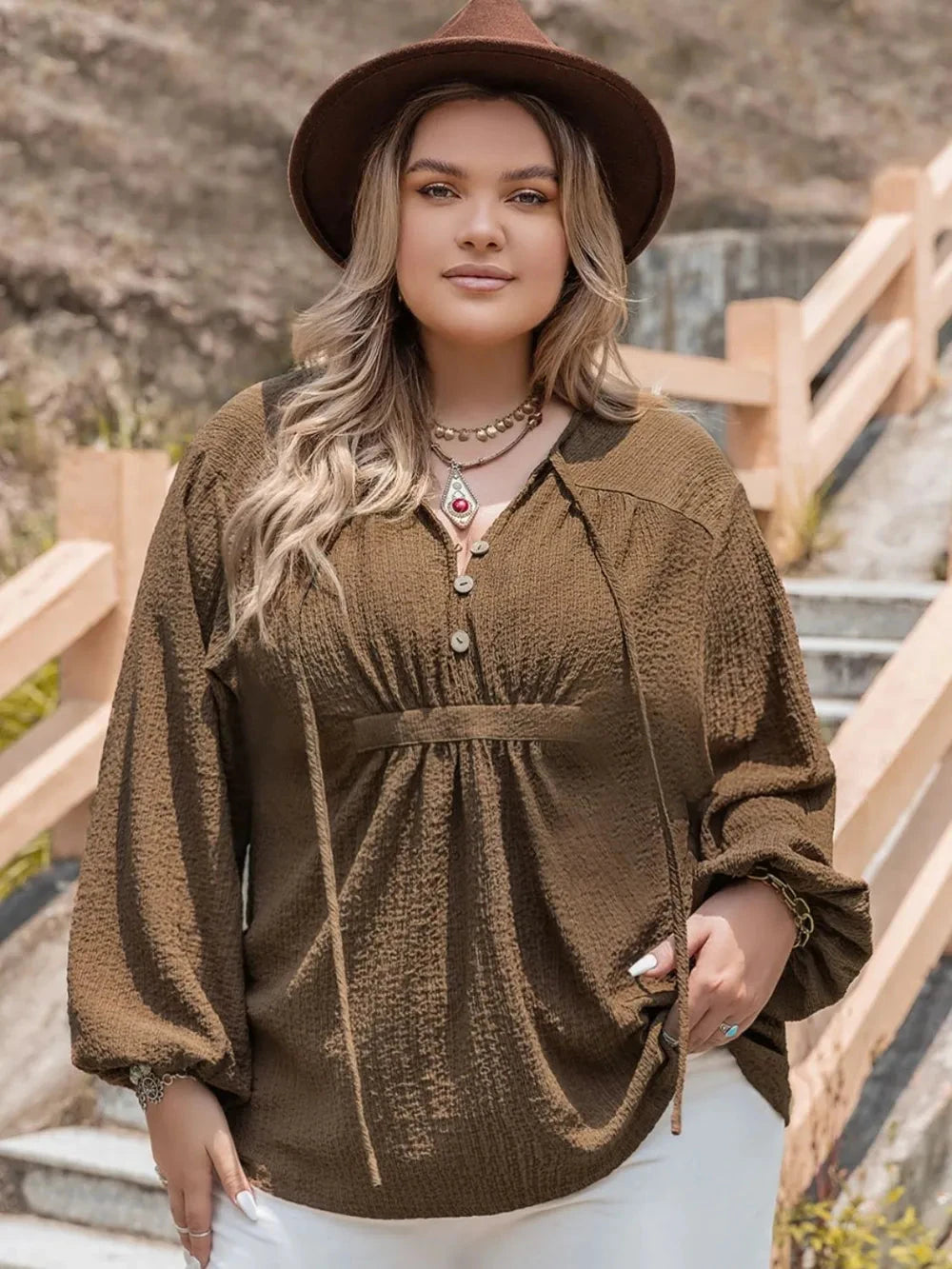 Plus Size Tie Neck Long Sleeve Blouse Coco’s Tee Boutique