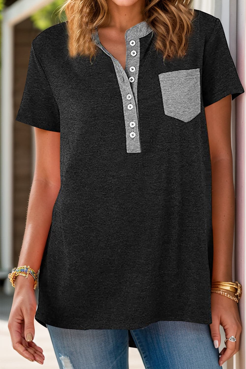 Full Size Half Button Short Sleeve T-Shirt.