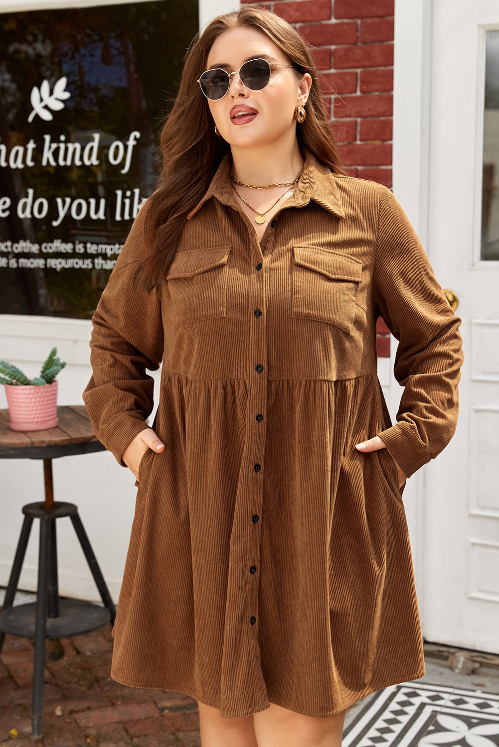 Camel Corduroy Button Down Shirt Style Plus Size Dress Dear-Lover Dropshipping