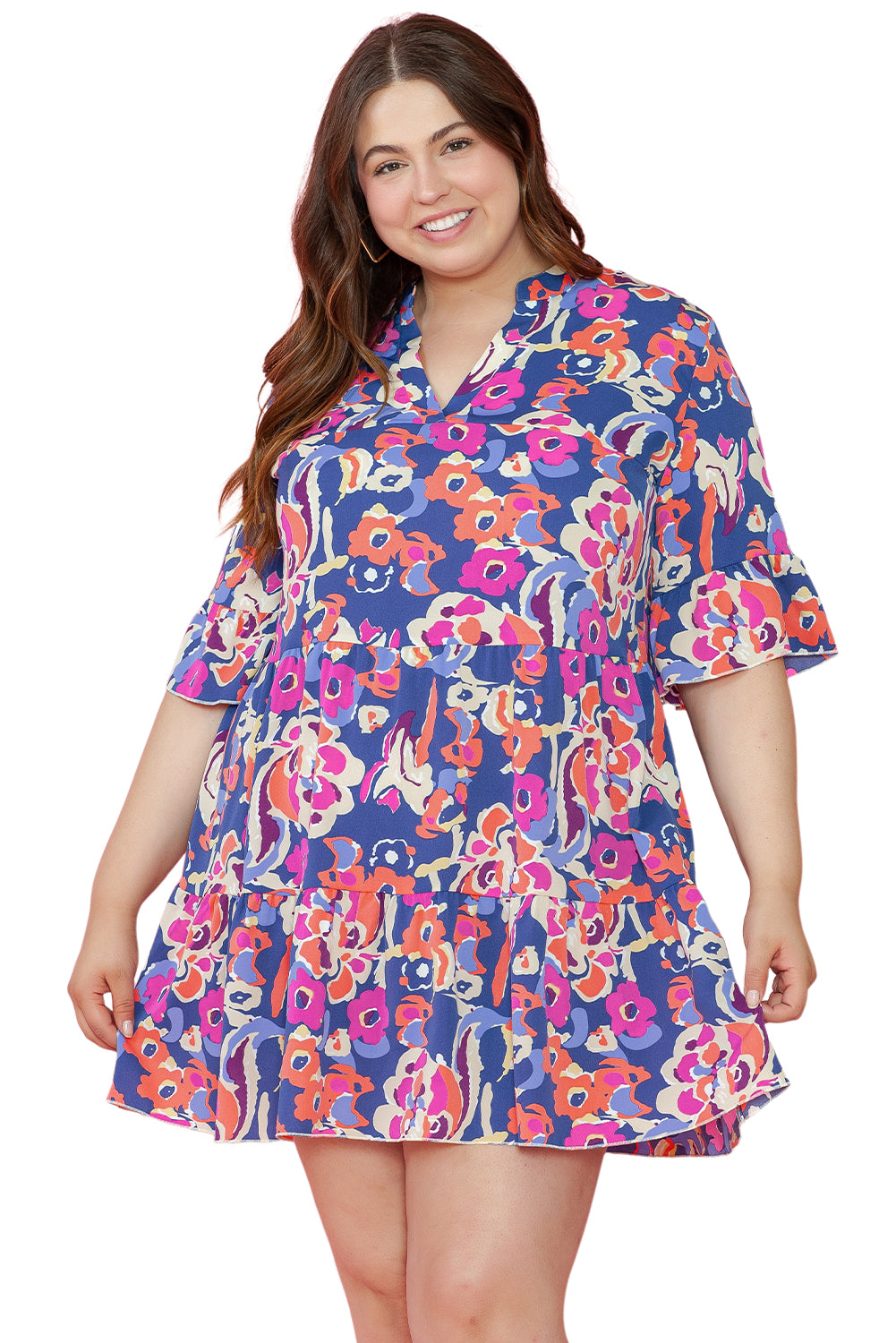 Chic blue floral ruffled mini dress with 3/4 sleeves for plus sizes