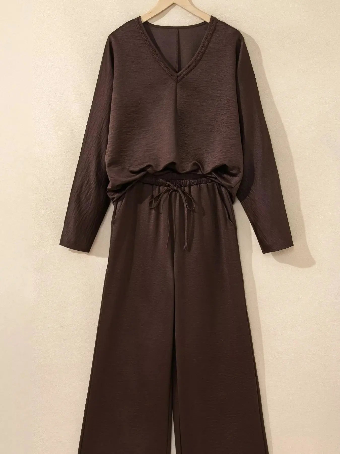 Braided V Neck Long Sleeve Loose Top and Drawstring High Waist Pants 2pcs Outfit Simply Love