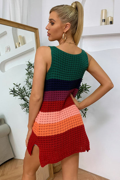 Color Block Notched Neck Slit Sweater Dress.