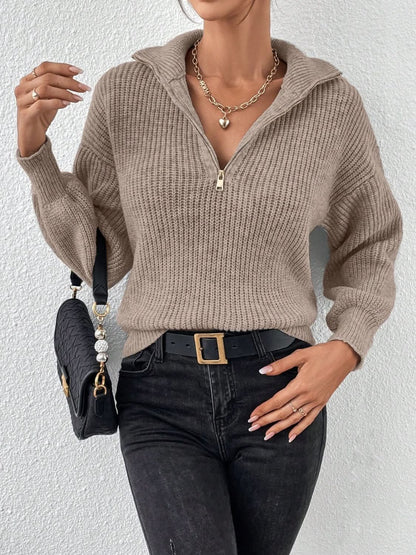 Cozy Honey Acrylic Half Zip Sweater with Dropped Shoulders