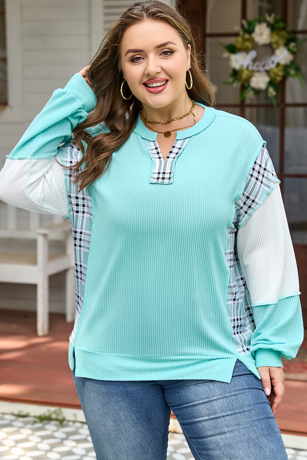 Aruba Blue Twist Ribbed Color Block Patchwork Plus Size Top Dear-Lover Dropshipping