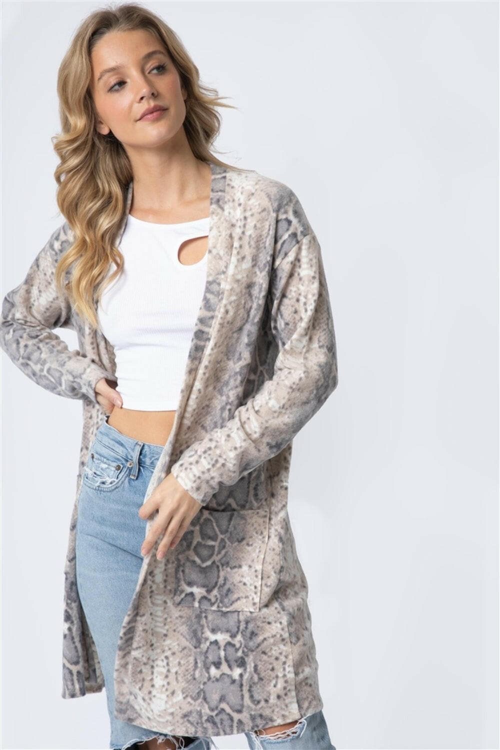 Cherish Apparel Animal Print Flannel Open Front Longline Cardigan.