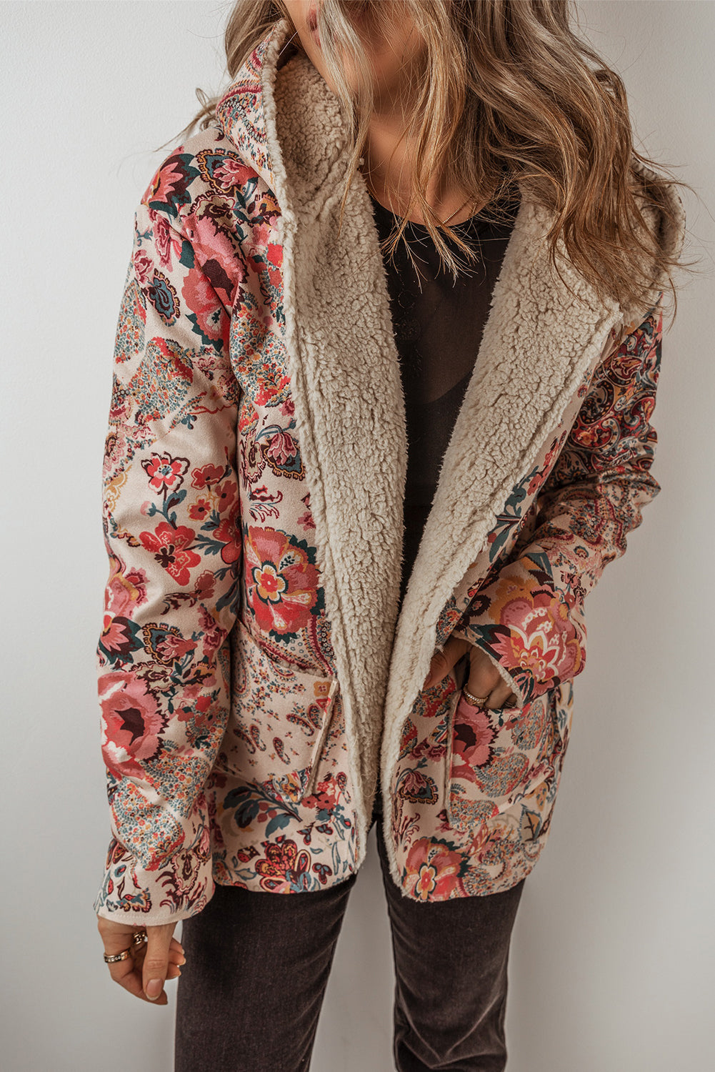 Beige floral paisley hooded Sherpa jacket for a vintage vibe